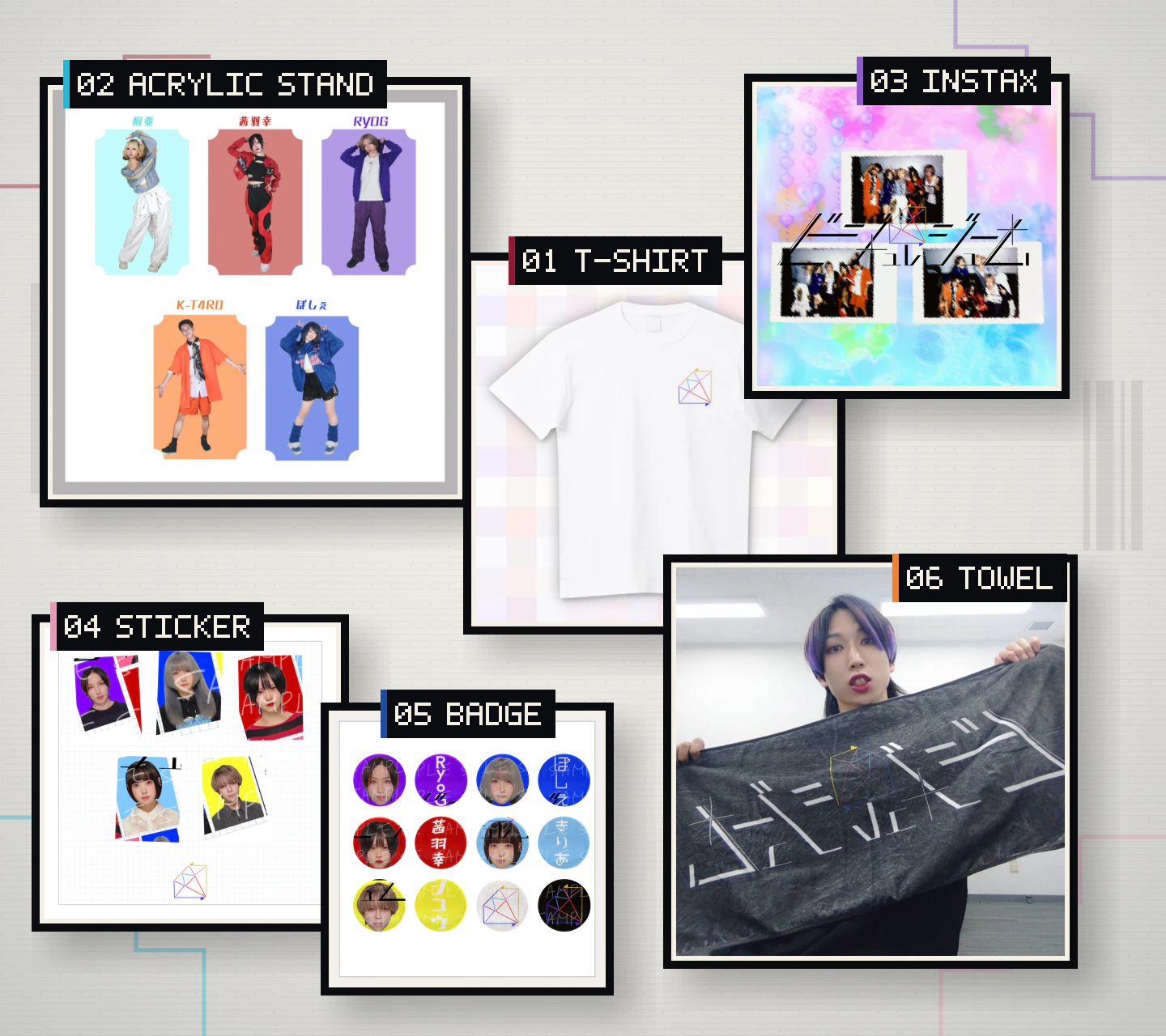 Tシャツ、アクリルスタンド、チェキ、ステッカー、缶バッジ、タオルなどのビジュレジューム公式グッズ
